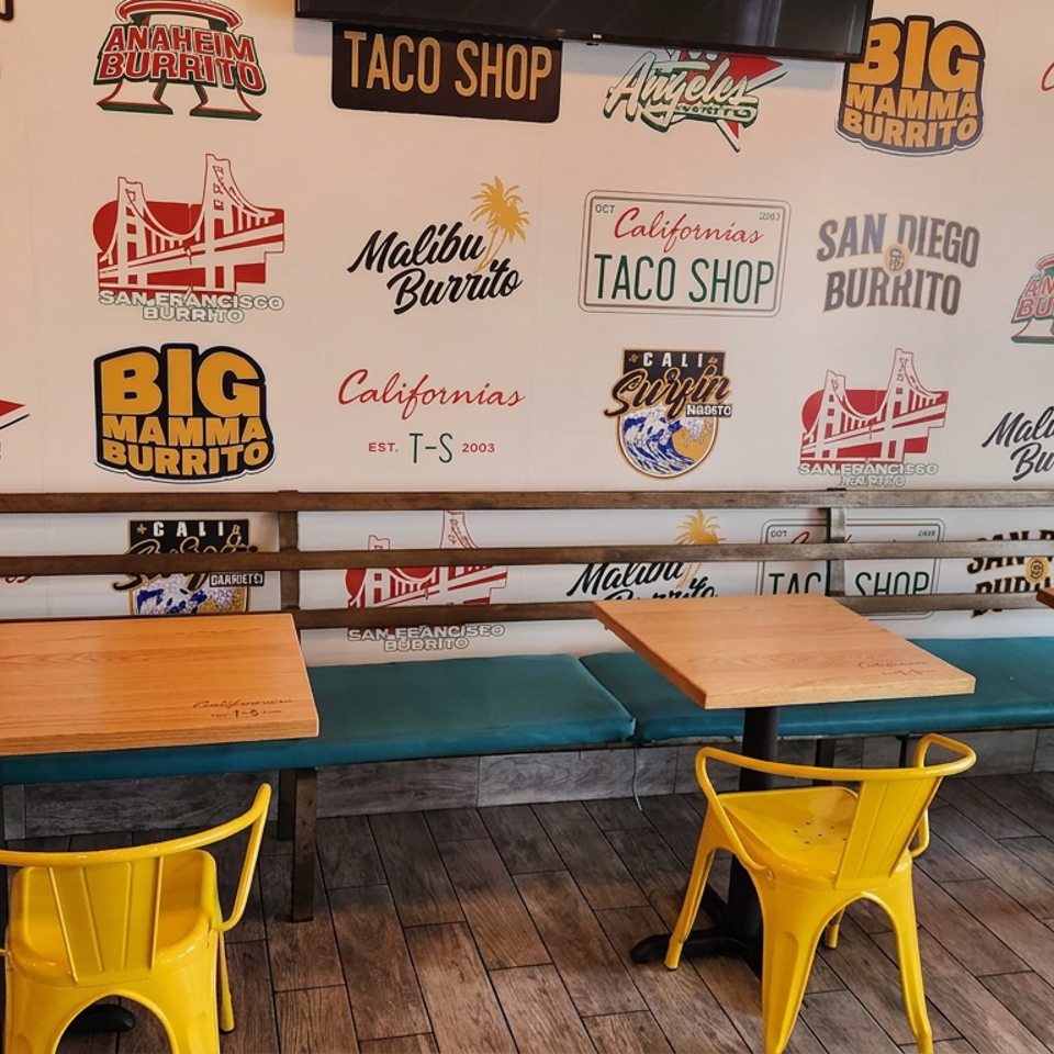 Colorful taco restaurant dining area with yellow chairs, wooden tables, teal bench seating, and California-themed burrito logos.