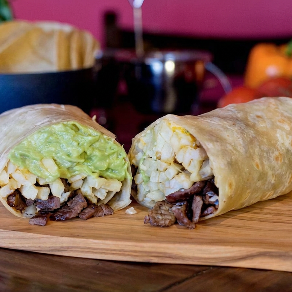 Two grilled meat and rice burritos topped with guacamole sit on a wooden serving board, with tomatoes and bread in the background.