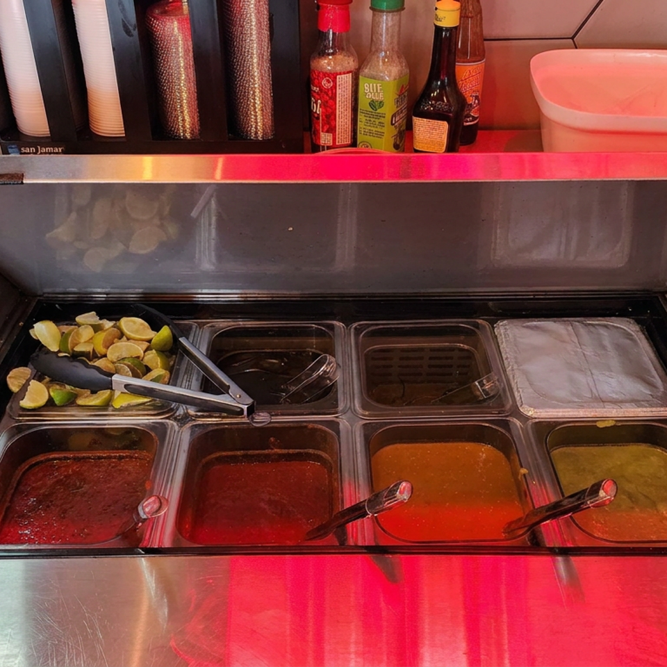 Restaurant condiment station with sliced limes, assorted colorful sauces, serving spoons, takeout cups, and bottles.