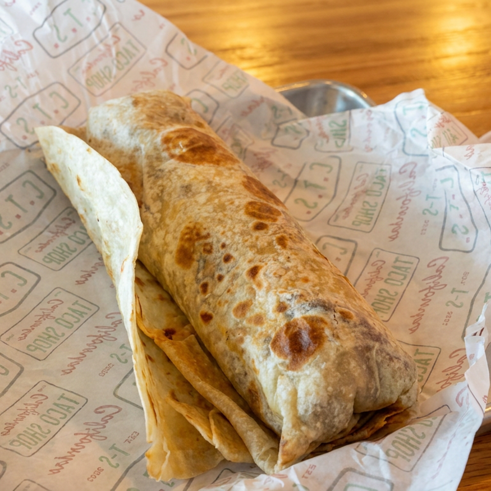 Toasted wrap served on a lined tray with golden fries and small cups of red and green dipping sauces.