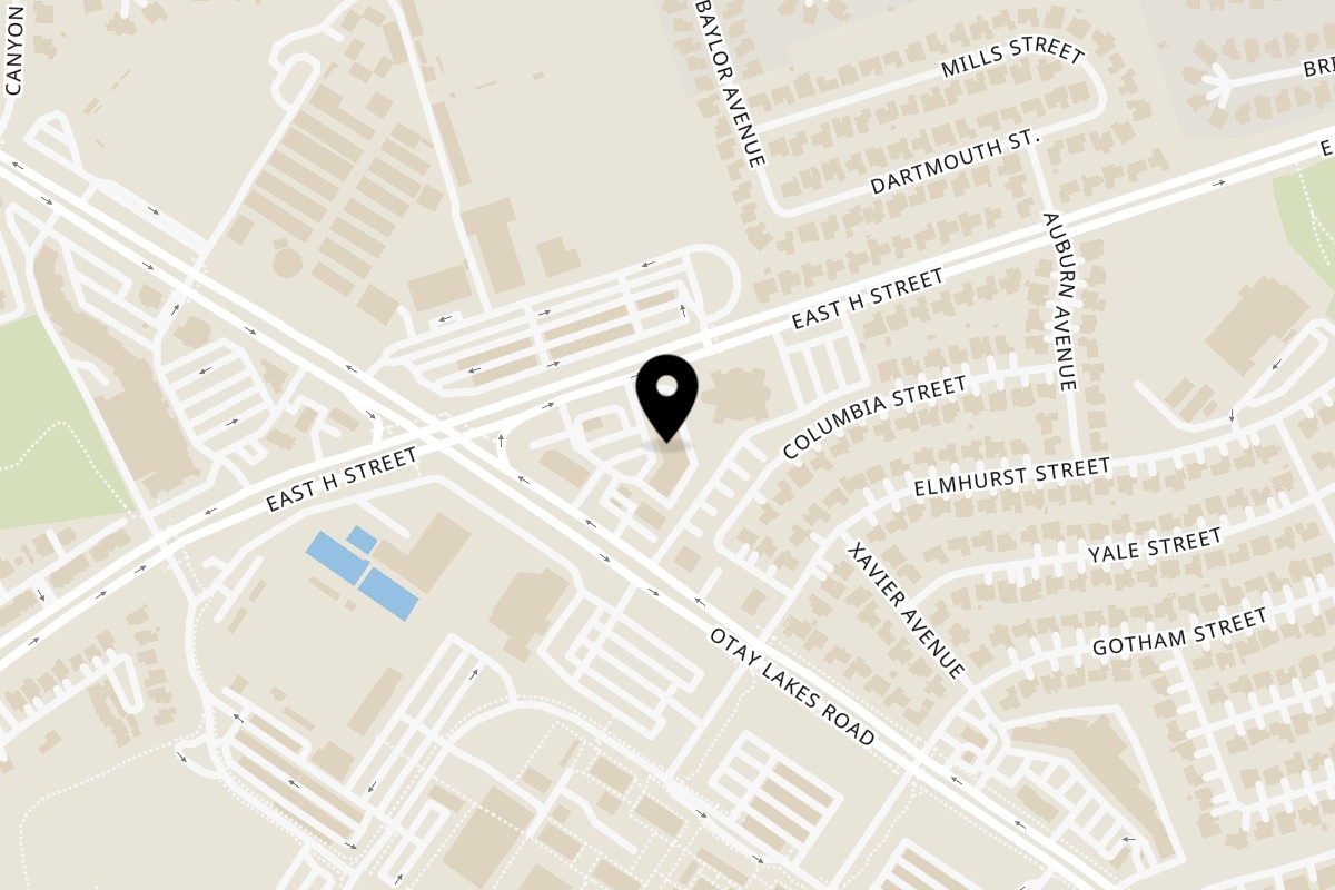 Map showing the location of Californias Taco Shop Chula Vista on 1550 E H St in Chula Vista