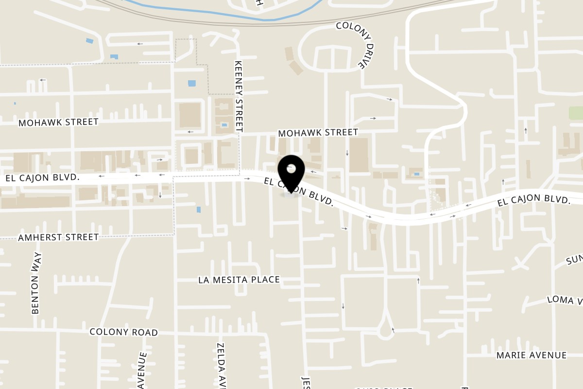 Map showing the location of Californias Taco Shop La Mesa on 7393 El Cajon Blvd in La Mesa