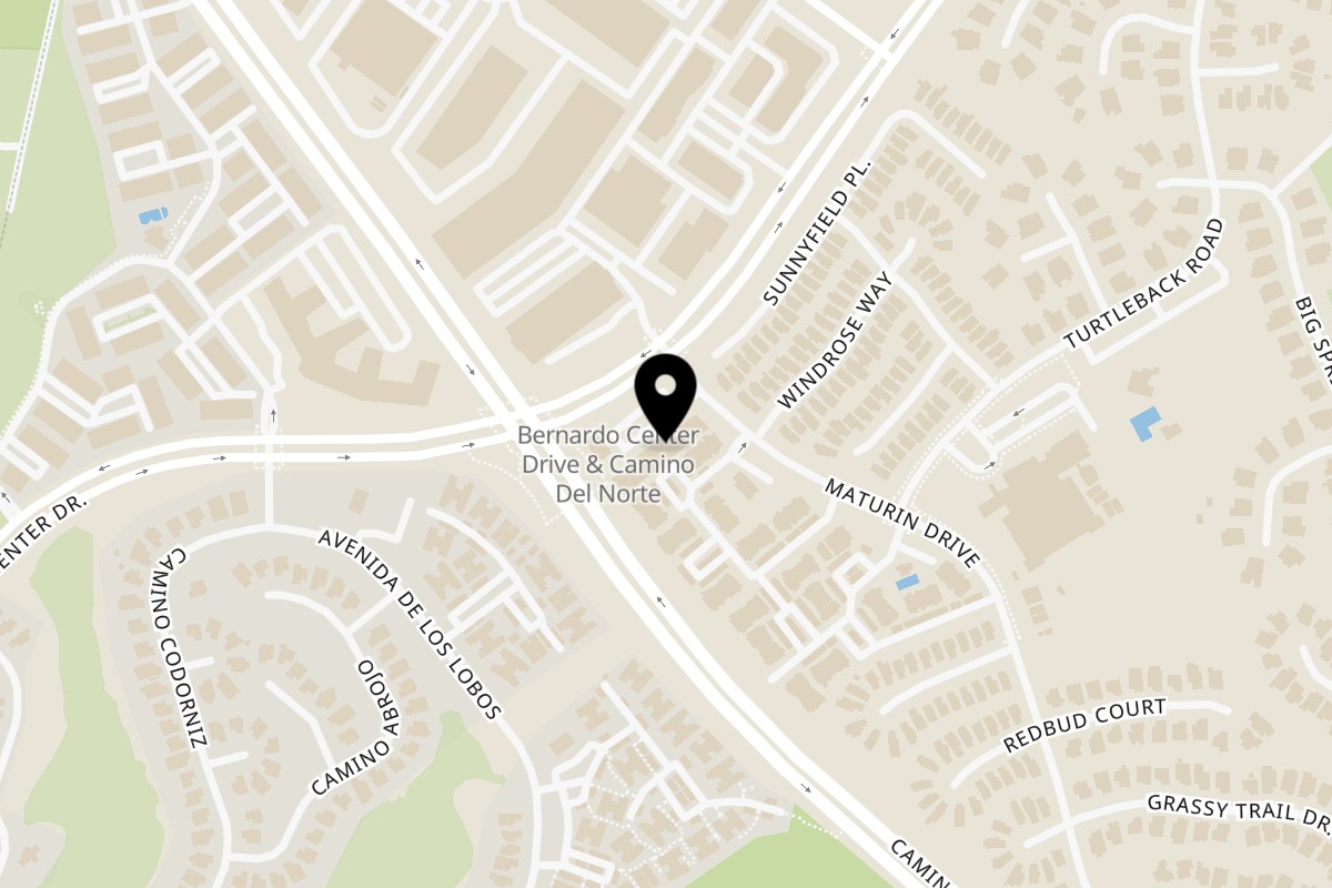 Map showing the location of Californias Taco Shop Rancho Bernardo on 15817 Bernardo Center Dr Unit 104 in San Diego